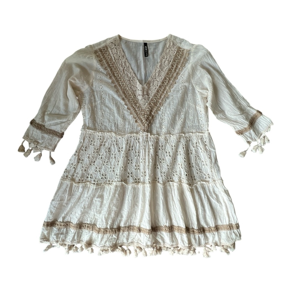Me 2 Magic Boho Cream fit & flare eyelets tussel mini gauzy Dress tunic sz XL